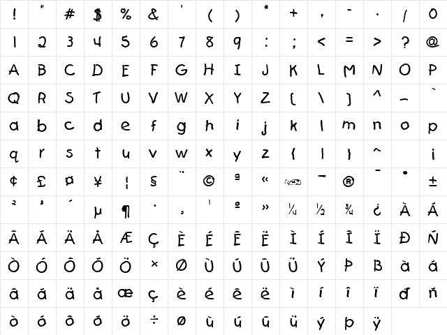 First Grader Regular  glyph index