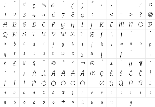 Bernhard Tango Regular  glyph index