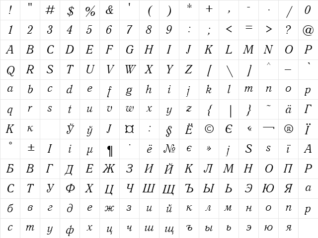 QuantAntiquaCTT Italic  glyph index
