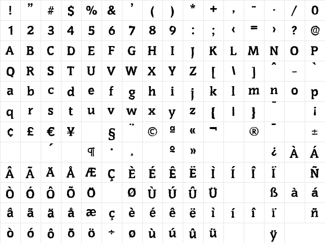 CongressAntique-Xbold Regular  glyph index