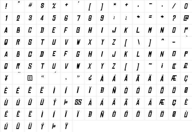 Chinese Rocks Italic  glyph index