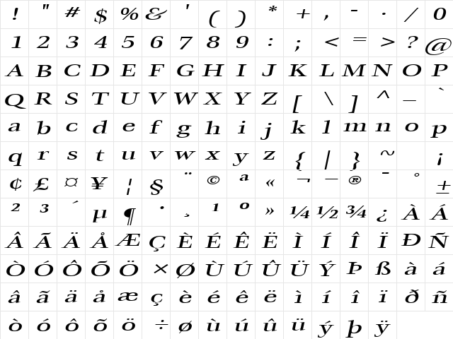 MatureExtended Italic  glyph index