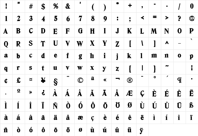 Blue Ridge Heavy SF Bold  glyph index