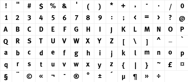 MetaBoldLFC Regular  glyph index