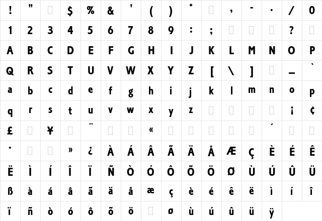 Corinthian Bold Condensed Plain  glyph index