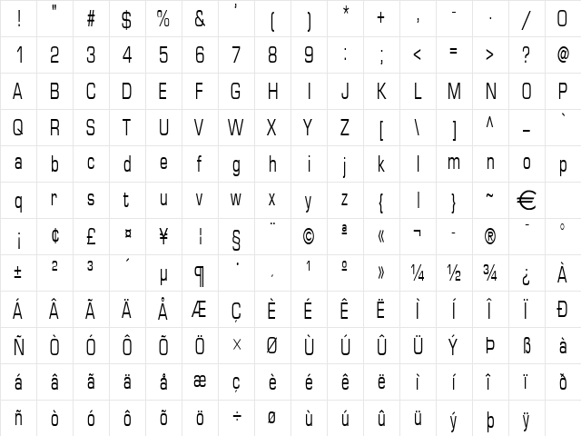 EurasiaThin Normal  glyph index