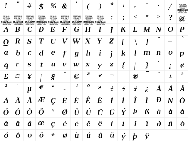 Blaak Regular PERSONAL USE Italic  glyph index