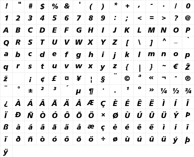 Frutiger LT 55 Roman Bold Italic  glyph index