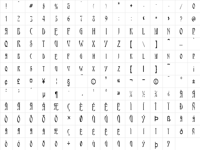 Nouveau-Condensed Normal  glyph index