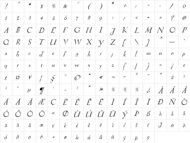 Eva Regular  glyph index