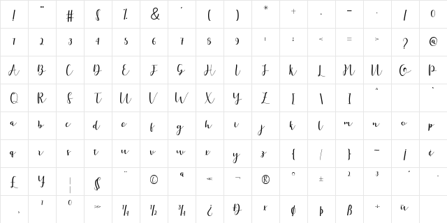 Arabella Script Regular  glyph index