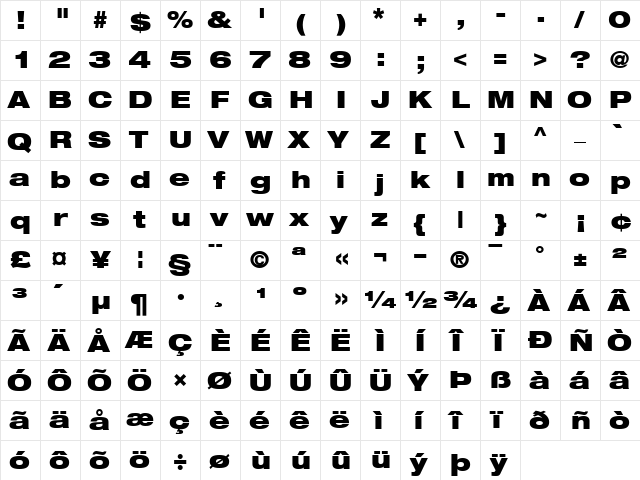 Helvetica93-ExtendedBlack Black  glyph index