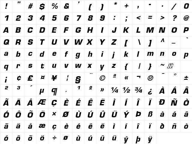 Palindrome Black SSi Bold Italic  glyph index