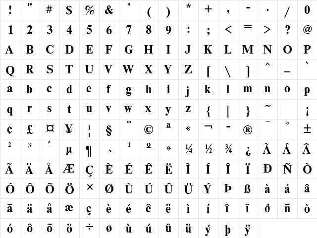 NewtonATT Bold  glyph index