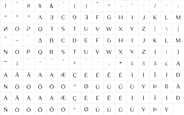 Luxerie Display Regular  glyph index