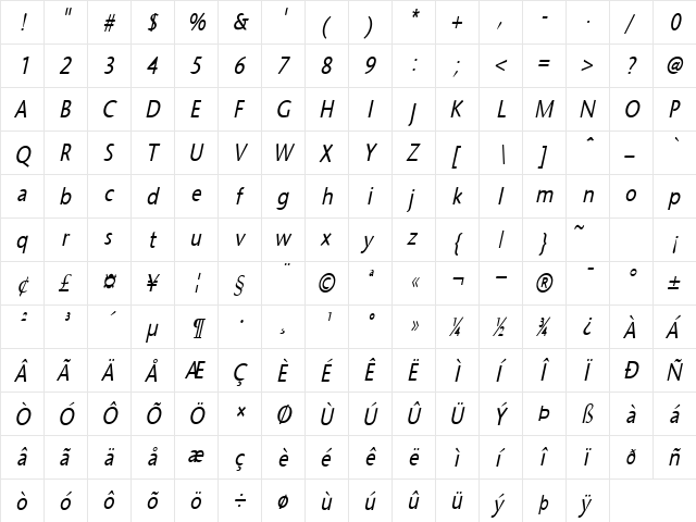 Optimist-Condensed Italic  glyph index