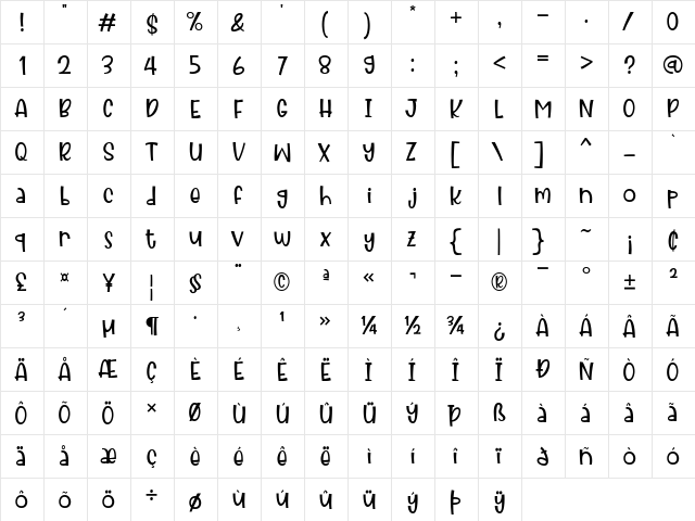 Jolly Rainbow Regular  glyph index