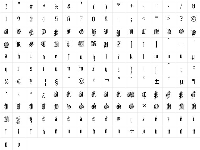 Colchester Black  glyph index