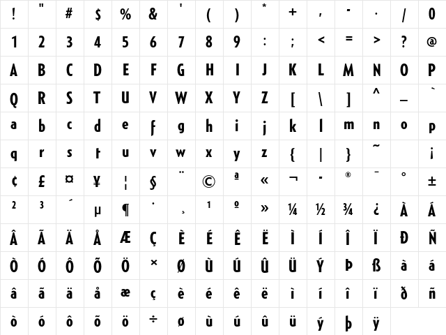 Generica Condensed Std Bold  glyph index