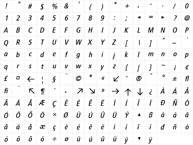 TransitFront Italic  glyph index