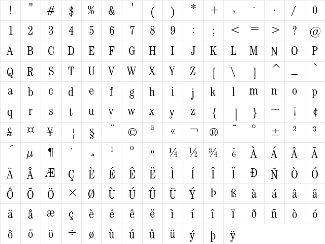 ITC Century Light Condensed  glyph index
