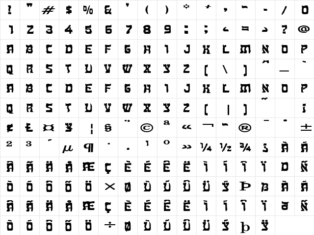 Kosher Extended Bold  glyph index