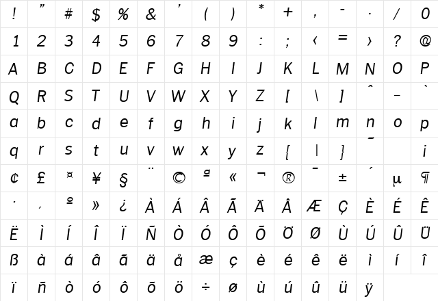 Plymouth-Serial-Light RegularItalic  glyph index