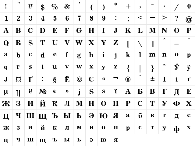 Journal Bold  glyph index