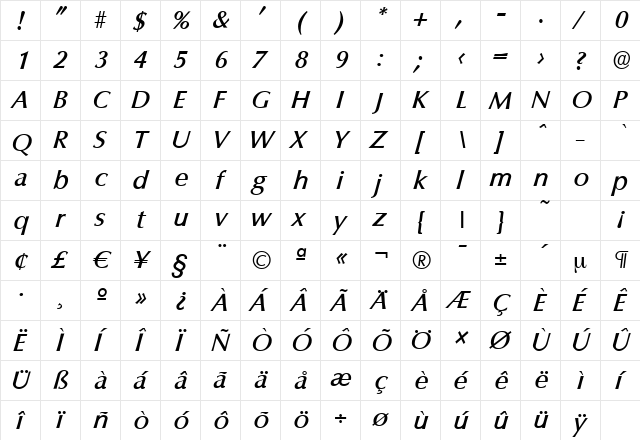 ColumbiaSerial-Medium Italic  glyph index