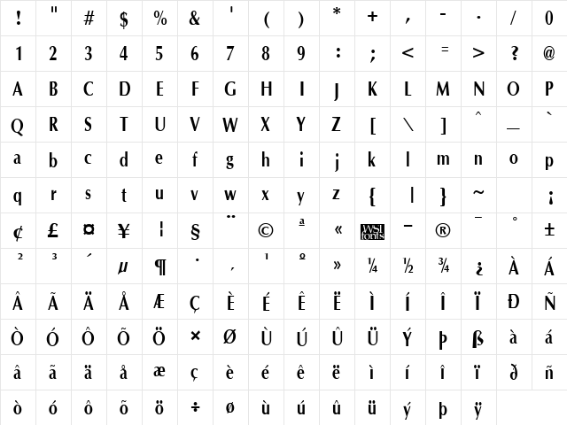 OptaneCompact Bold  glyph index