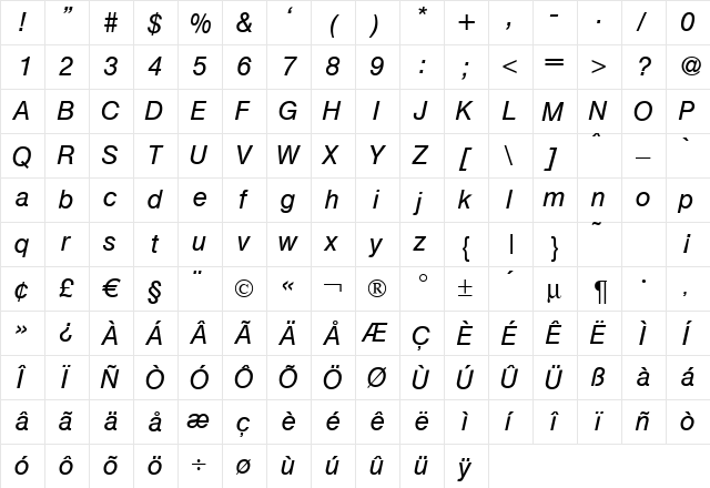 Hegel Italic  glyph index
