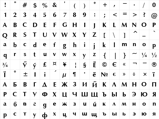 Opium Bold  glyph index