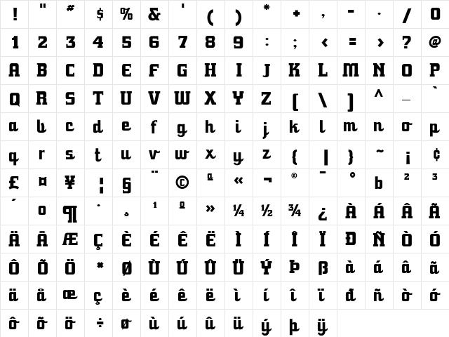 SpeedwaySG Regular  glyph index