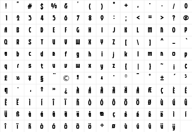 TFAkimbo Extrabold  glyph index