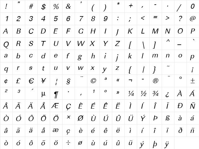 LinearStd Italic  glyph index