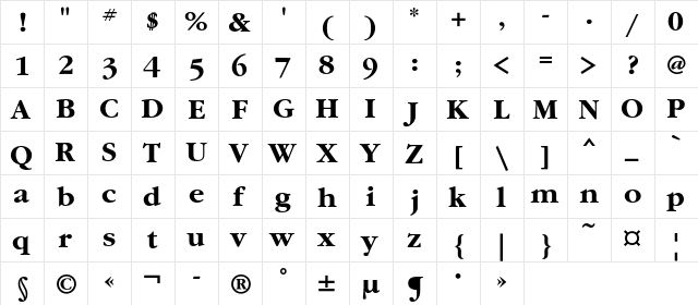 GaramondC Bold  glyph index