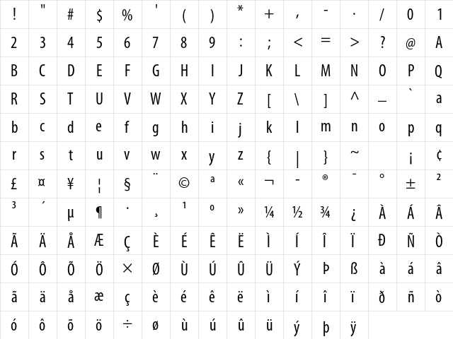 Myriad Pro Condensed  glyph index