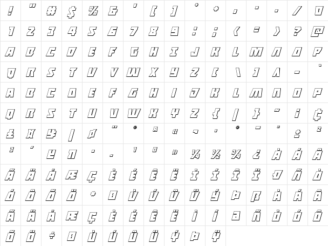 Halfshell Hero 3D Italic Italic  glyph index