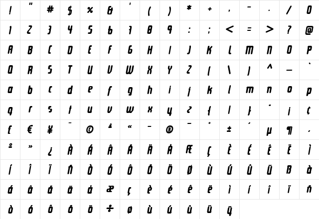 Ultranova Bold Italic  glyph index