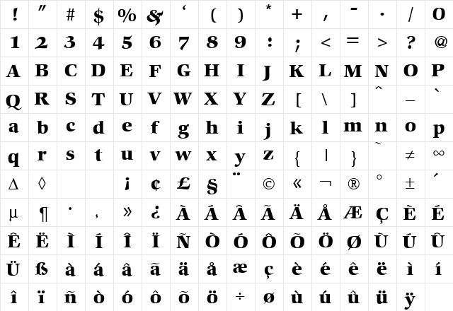 Commencement Bold  glyph index