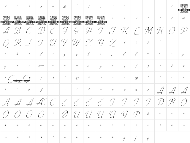 Conture Script PERSONAL USE Regular  glyph index