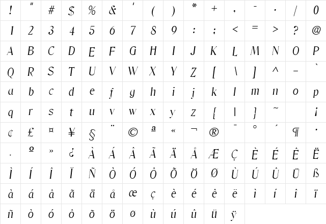 Blue Ridge Light SF Italic  glyph index