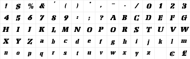 Peach Oblique  glyph index