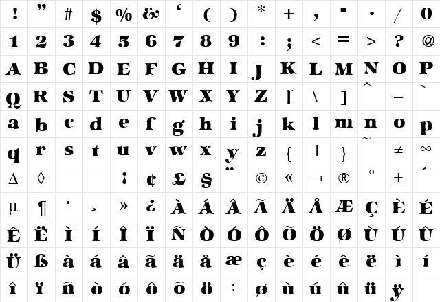 ZabriskieInternationalHeavy Regular  glyph index
