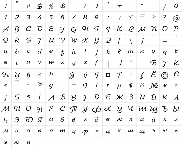 Arbat Regular  glyph index
