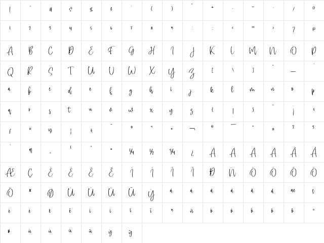 Singaparna Script Regular  glyph index