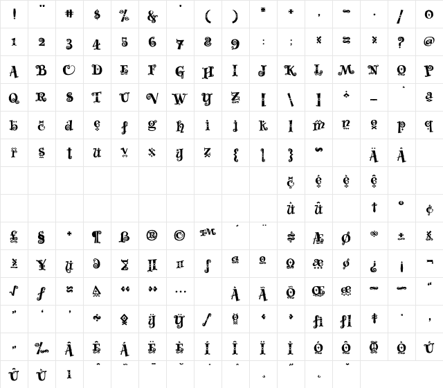 WhimsyBaroqueICG Regular  glyph index