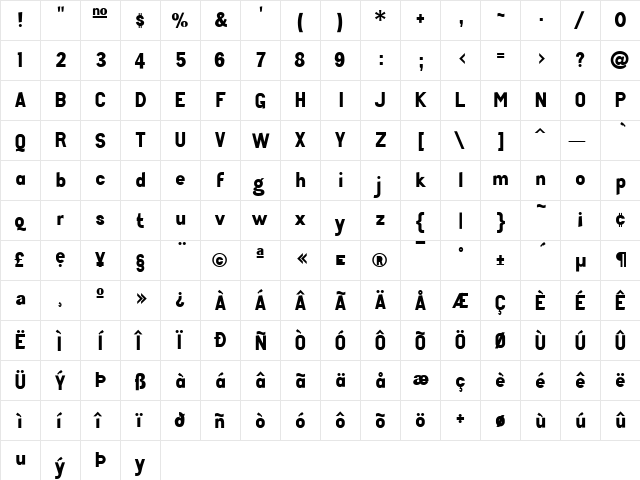 Tenko Regular  glyph index