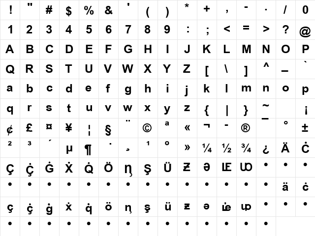 Noxchi Arial Bold  glyph index