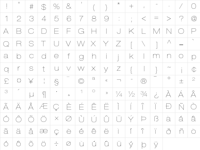 Helvetica Neue 23 Ultra Light Extended  glyph index